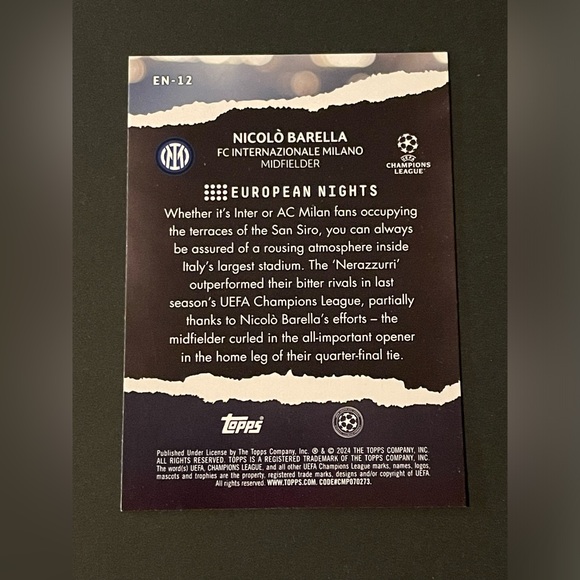 Topps 2023-24 UEFA European Nights and Best of the Best Nicolò Barella Cards - Picture 9 of 9